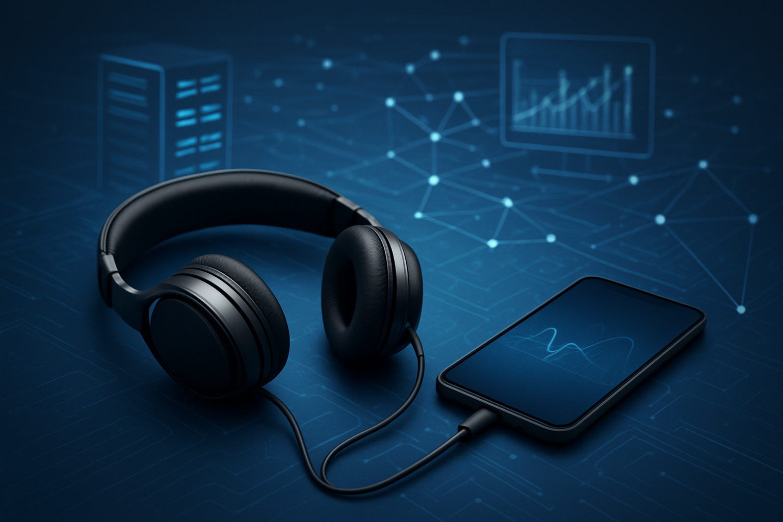 A pair of headphones connected to a smartphone on a digital background with abstract network lines and data graphs.