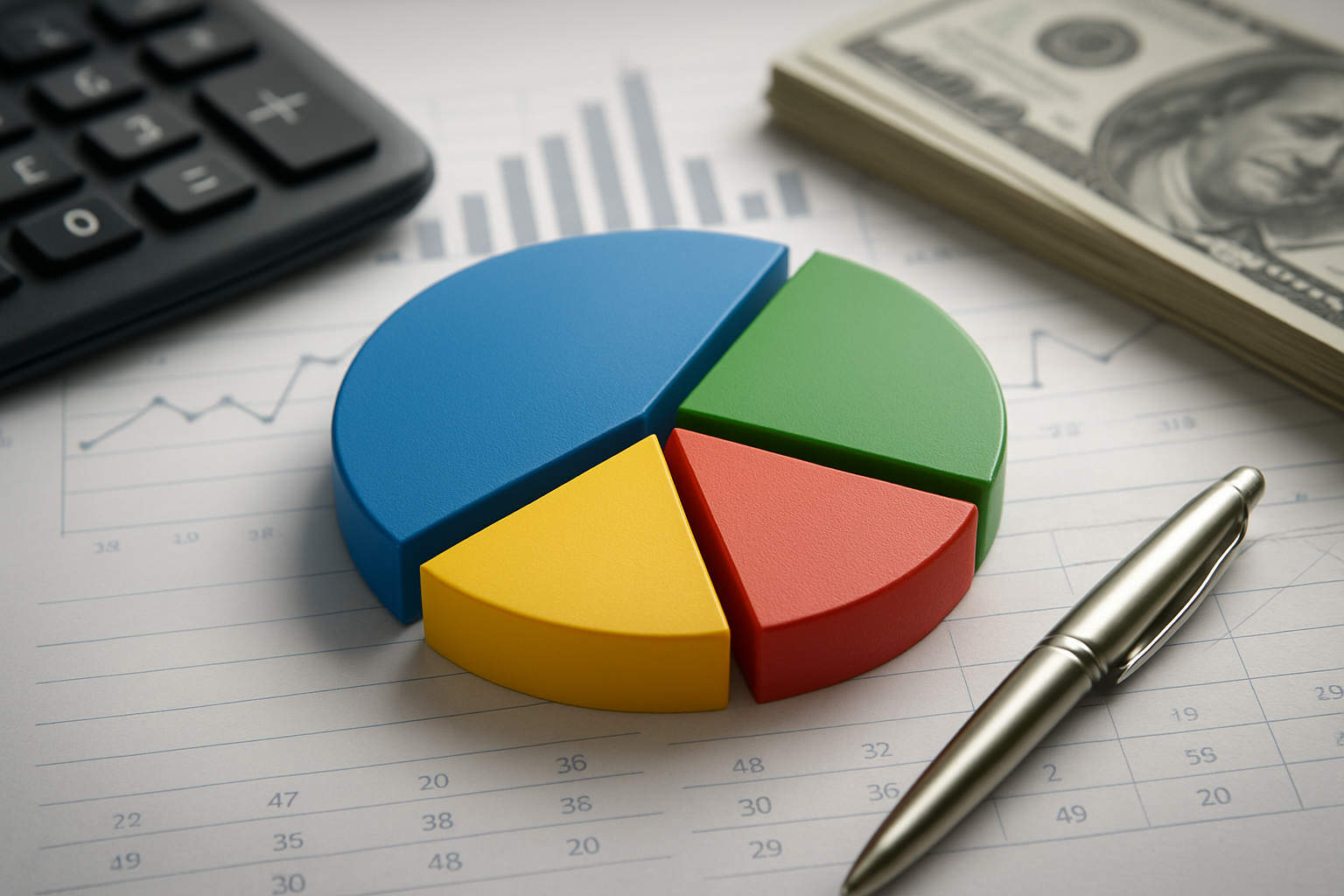 A colorful pie chart on a financial document with a calculator and cash in the background