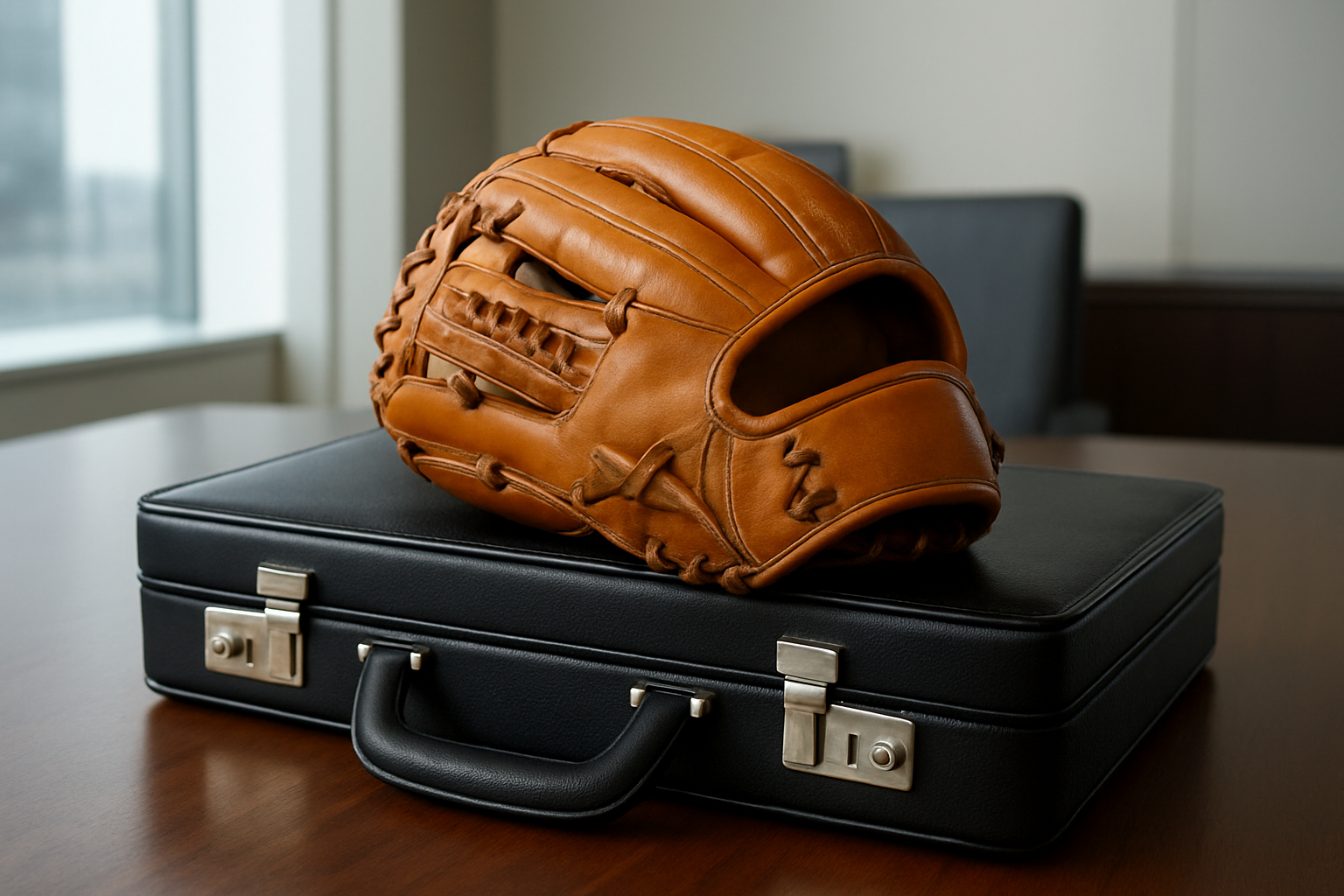 A baseball glove resting on a professional black briefcase on a wooden table.